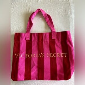 Victoria's Secret Tote Bag Pink And Red Stripes With Gold Lettering
